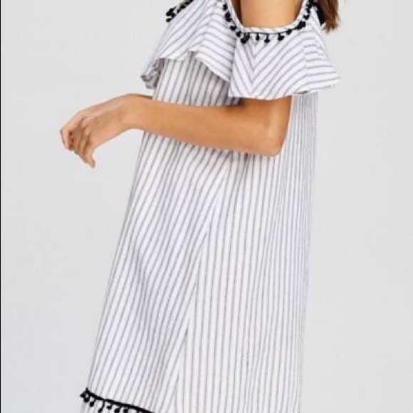 🎀NEW🎀Pinstripe and Pom-Pom Cold Shoulder Dress - Picture 2 of 8
